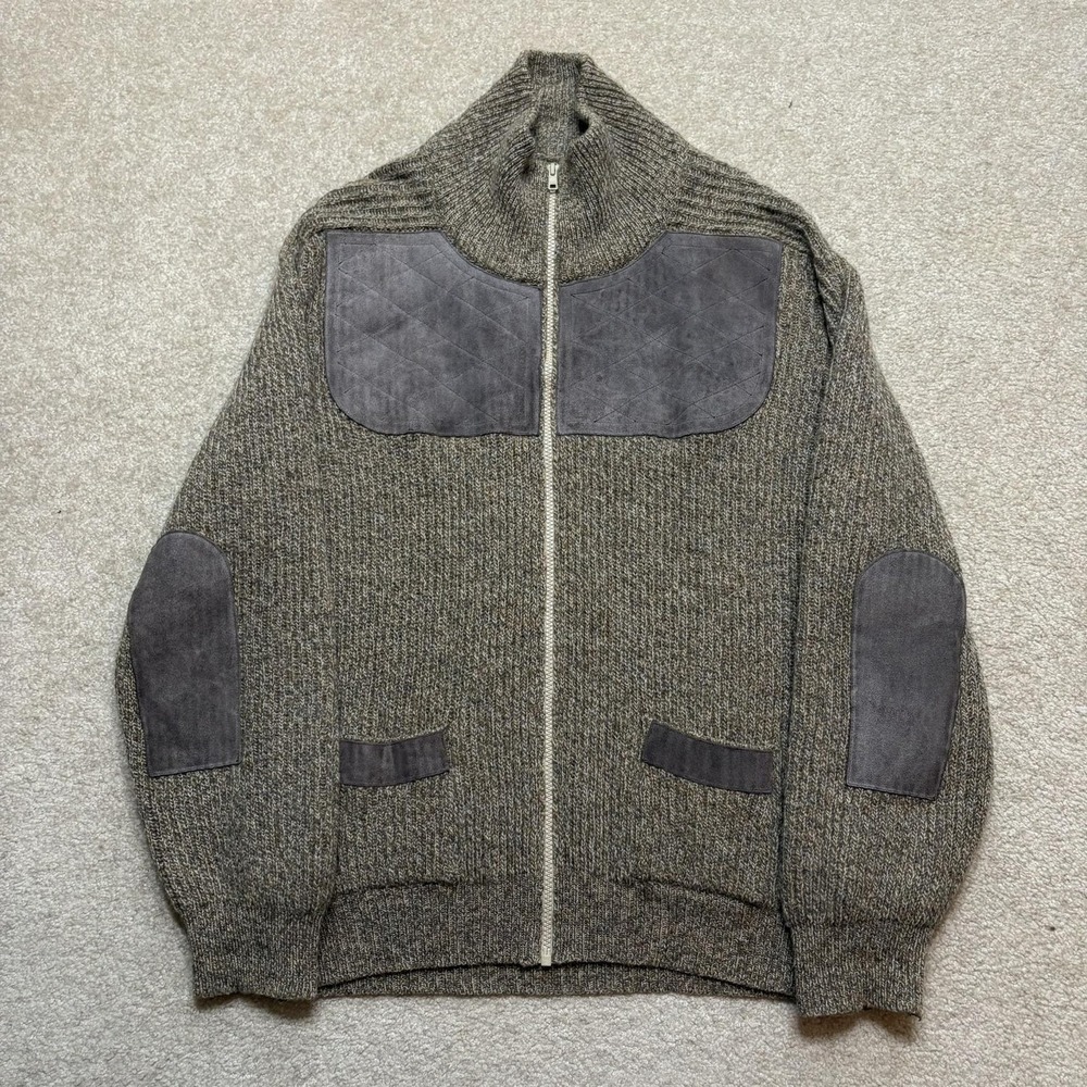 Lochaven Of Scotland Sweater Mens Medium Brown Wool Full Zip Suede Elbow Patches